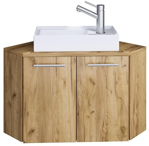 Ezooza Mueble esquinero flotante con lavabo de cerámica de alta calidad, roble miel,