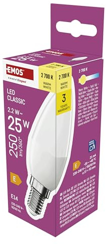 EMOS - LED Lampe Candle, 2,2W Ersatz für 25W Glühbirne - Kerzenlampe mit E14 Sockel - Helligkeit 250 lm, Warmweiß 2700 K, 30000 h Lebensdauer - CRI min. 80, 240° Abstrahlwinkel - Weiß