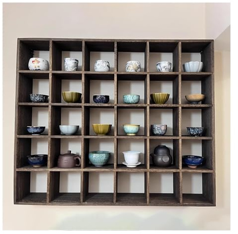 Wzmazingly Porte-tasses à Café Fixation Murale avec 9-40 Grille, Présentoir Léger en Bois pour Objets de Collection, Étagères Flottantes Pour Cuisine ou Bar(15 Grid)