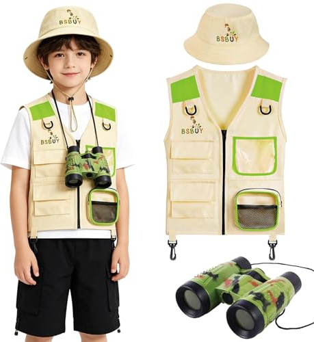 KFSCIP 3 Pcs Safari Costume Accessories Set, Explorer Costume Kids Outdoor Adventure Kit, Safari Costume Kids Role Play Equipment, Explorer Costume Kit with Safari Vest and Hat and Binoculars