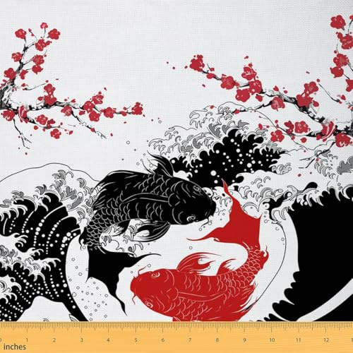 Homewish Koi Fisch Flanell Stoff Meterware Kirschblüten Weicher Dekostoff 92x150cm Japanische Wellen Stoffe zum Nähen Yin Yang DIY Stoff,Ohne Dehnbarkeit