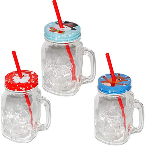 alles-meine.de GmbH 1 Stück Henkelbecher - Glas mit Strohhalm & Deckel - lustige Weihnachtsmotive - 500 ml - Trinkbecher für Glühwein - Kinderpunsch - Heiße & Kalte Getränk..