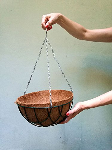 Pokugiardini, dunkelgrüne Blumenampel -Hängekorb inkl. natürlicher Kokoseinsatz - Ø 30cm mit Stabiler Eisenkette zum Aufhängen. Für den Innen- und Außenbereich.