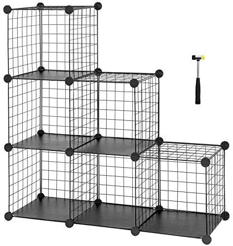SONGMICS 6-Cube Wire Grid Storage Rack, Interlocking Shelving Unit with Metal Mesh Shelves and PP Plastic Sheets, for Books Shoes Clothes Tools, in Living Room Bathroom, Black LPI111H