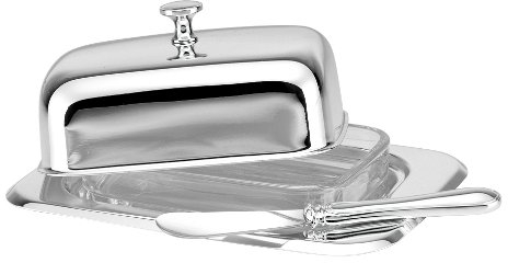 Tischkultur Butterdose 1/2 Pfund mit Glaseinsatz & Buttermesser versilbert 17,5 x 12,5cm H 5,0cm