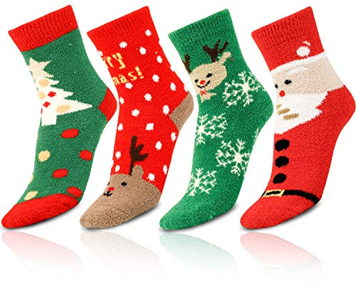 Qpout 4 Paare Damen Herren Weihnachten Warme Socken, Kuschelige Winter Warme Weihnachtssocken Schneeflocke Weihnachtenmann Weihnachtsbaum Socken für Weihnachten Mitgebsel Geschenk Dekoration
