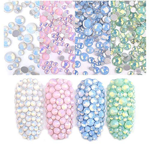 Sanbore 4 Packs Opal Jelly Nail Art Rhinestones Flatback Round Beads Glitter Crystals Mix Size Nail Charms Face Clothes Jewelry DIY Crafts