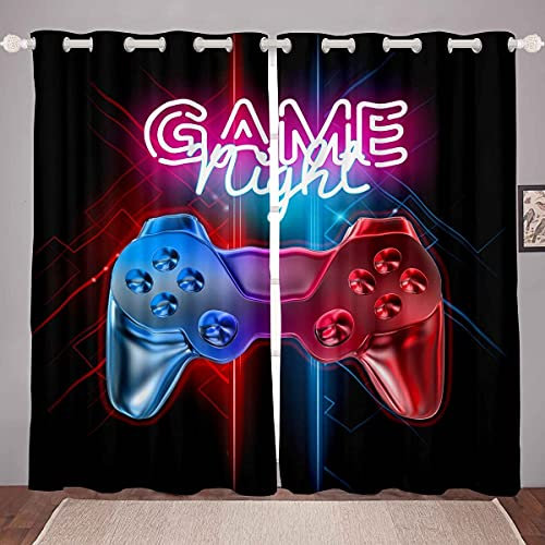 Boys Games Curtains Gamer Window Drapes for Teens Kids Men Black Modern Video Game Controller Window Treatments Cool Blue Red Action Buttons Window Curtain Room Decor W46*L54