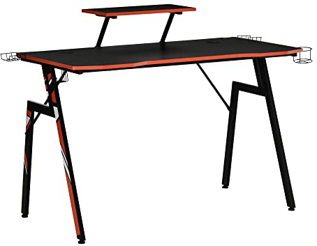 HOMCOM Mesa Gaming para Computadora PC Ergonómica Escritorio con Soporte para Monitor y Altavoz Portavasos Gancho para Auriculares Fibra de Carbono 120x60x94,5 cm Negro