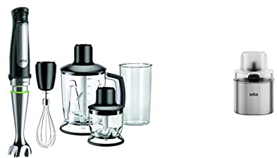 Braun MultiQuick 7 MQ 7045X Stabmixer - Pürierstab mit abnehmbarem edelstahl Mixfuß mit ActiveBlade Technologie 1000 Watt, schwarz & Braun Kaffee- und Gewürzmühlen Aufsatz MQS 270 SI Silber