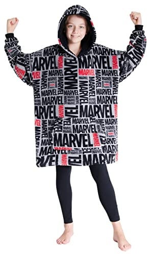 Marvel Oversized Blanket Hoodie Kids Avengers Captain America Iron Man Thor Hulk (Grey/Black)