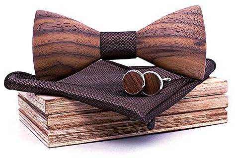 GIVBRO Herren Fliege aus Holz, Quadratischer Schal, Manschettenknöpfe Corsage, Holzfliege für Hochzeit, Jahrestag, Abschlussball, Party, 3-teilig/set