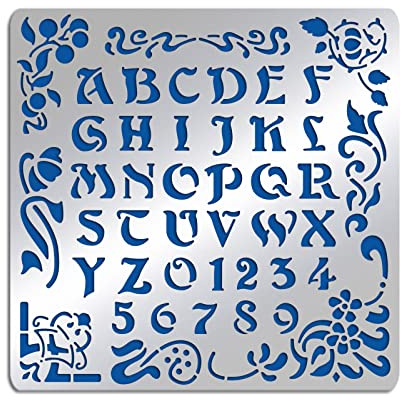 BENECREAT Schablonen für Künstlerische Buchstaben aus Metall, Matt, A Bis Z Alphabet & Zahlen & Blumenrebe Schablonenvorlage zum Malen, Holzverbrennung, Gravur, Scrapbooking, 15.6x15.6 cm