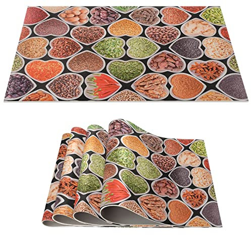 Platzset Tischset abwaschbar PVC Platzdeckchen rutschfest Tischuntersetzer Hitzebeständig Esstisch Deko für drinnen & draußen 30x45cm Gewürze Herz 4-er Set