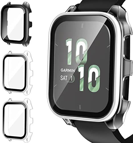 iVoler 3 Pezzi Cover con Vetro Temperato per Garmin Venu SQ 2 / SQ 2 Music/SQ/SQ Music, Copertura Completa Custodia Rigida, HD Clear Pellicola Protettiva Anti-Graffio Case, 2 Trasparente + 1 Nero