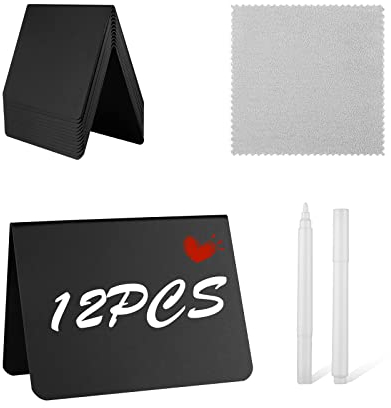 12 Pack Mini Chalkboard Signs for Food, Reusable Food Labels Set for Party Buffet,Wedding,Food Display Stands,Reserved Table Signs with Water Based Chalk Marker and Cleaning Cloth (4''x3'')
