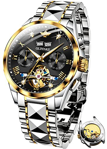 OUPINKE Herrenuhren Automatik Schwarz Skelett Mechanisch Selbstaufzug Luxus Diamant Saphirkristall Wasserdicht Wolframstahl Business Armbanduhr