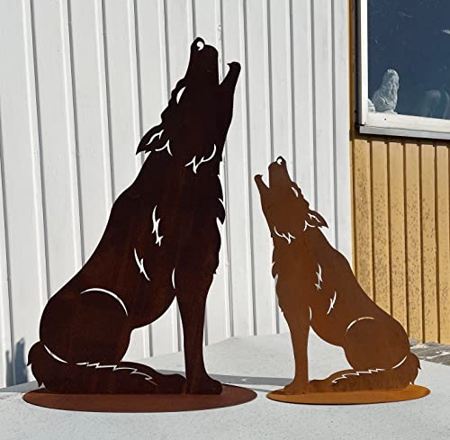 Gartenfigur Wolf heulend klein 50x23cm auf Platte Edelrost Gartendeko Wetterfest Rost Metall Rostfigur Hund Fuchs Jagd Tier von Steinfigurenwelt