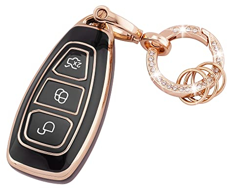 Koaudb Protecteur de clé de Voiture en TPU pour Ford Fiesta Focus C-Max Galaxy B-Max Grand C-Max Kuga Mondeo S-Max 3 Boutons sans clé avec Porte-clés Noir Or (R-Frd-3-B)
