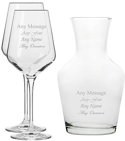 Personalised Engraved Set of 2 Infinity Wine Glass and 1 Litre Vin Carafe Set, Customise with Any Message for Any Occasion, Stylize from a Variety of Fonts, Gift Boxes Included, Laser Engraved
