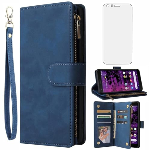 Asuwish Custodia per Cat S62/S62 Pro, con pellicola protettiva e scomparto per carte di credito, pieghevole, in pelle, supporto S 62 62S, chiusura lampo, pellicola protettiva in vetro temperato,