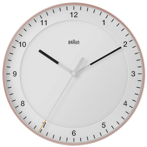 Braun Klassische große analoge Wanduhr geräuschlosem Sweep-Uhrwerk, leicht ablesbar, 30 cm Durchmesser in Rosé und Weiß, Modell BC17PW.