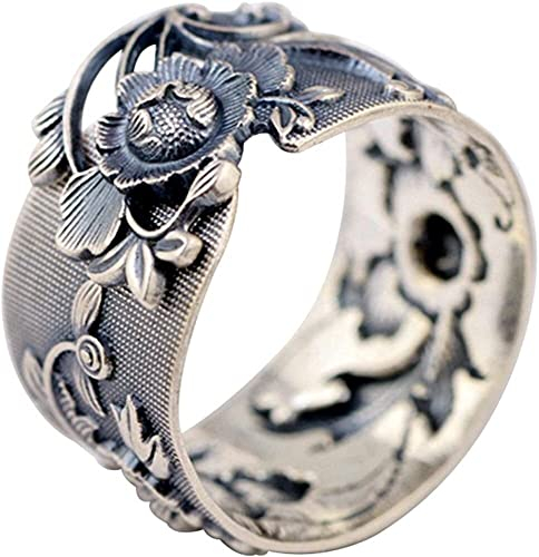 OqcEha Silber Feng Shui-Ring, Herren-Ring, Vintage breite Schwarze 999 Sterling Silber Pfingstrose Blume Ring for Frauen Mädchen 15 mm offen und verstellbar