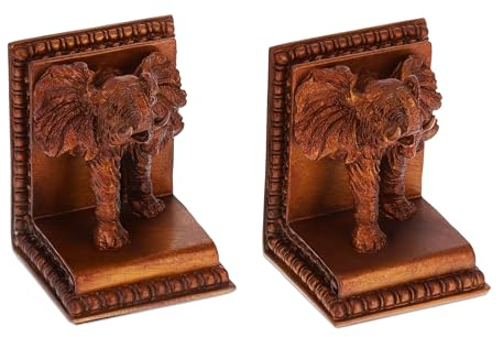 Relaxdays Buchstützen 2er Set, Elefant, HBT: 18x12x14 cm, Buchstopper für Regal, afrikanische Deko, Kunstharz, braun