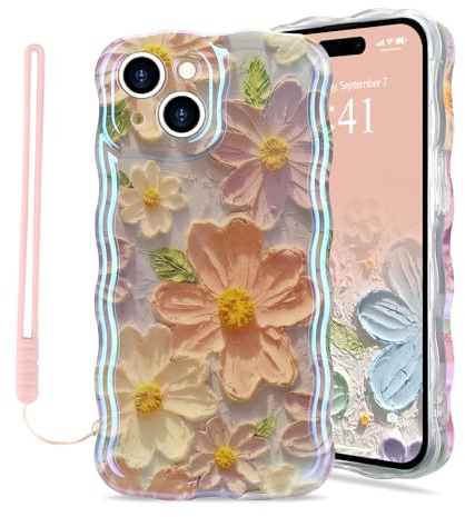 Micoden Blumen Handyhülle für iPhone 14 mit 1 Lanyard Stoßfeste Hülle Kameraschutz Bunte Retro-Ölgemälde Lockiges Wellen Mädchen Kratzfeste Schutzhülle Weiche Silikon TPU Case,Weiß