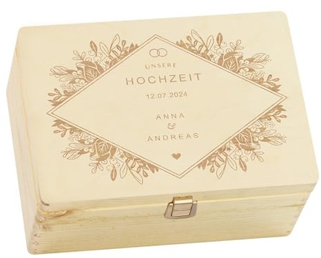 LAUBLUST Personalisierte Hochzeitskiste Erinnerung | Hochzeits Erinnerungsbox mit Gravur - Florale Raute | Geschenke für Brautpaar - FSC® (Natur mit Verschluss, ca. 20 x 15 x 10 cm | S)