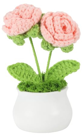 PATIKIL Crochet Flowers Potted, 2 Head Rose Flowers Handmade Knitted Mini Potted Plants Artificial Flowers for Valentine's Gifts Home Office Tables Decoration, Light Pink