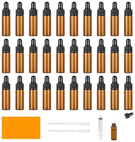 Furuising 30Pcs Mini Dropper Bottle, 5ml Lab Dropping Bottles, Refillable Pipette Dropper Bottle, Empty Glass Dropper Bottles with 2 Droppers, 1 Syringe for Essential Oils Perfume Cosmetic Liquid