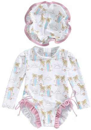Maillot de Bain Bébé Fille Une Pièce Combinaison Anti UV à Manches Longues Costume de Bain Piscine Natation avec Chapeau (Rose Motif, 3-6 Months)