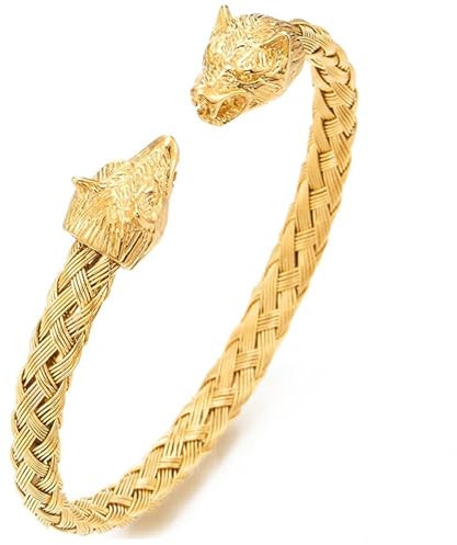 MYZTTZR Viking Stainless Steel Wolf Head Braided Bracelet for men, Nordic Medieval Locomotives Amulet Vintage Gift Jewellery,Gold