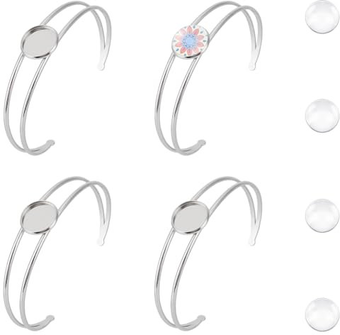 UNICRAFTALE 4 Set Cabochon Armreiffassungen Blank Manschetten Edelstahl Offener Armreif Mit Glas Cabochon Verstellbarer Armreif Mit 14mm Rohlingen Tablett Lünette Für Die DIY Armbandherstellung