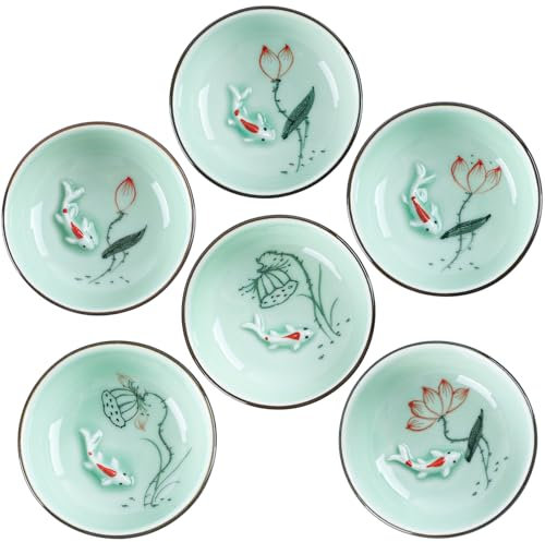Chinesische Teetasse, Vintage Teeschale, Grüner Porzellan Klein Ohne Henkel, Traditionelle Chinesische Teetassen Porzellan mit Blümchenmuster, Asiatische Teetasse, für Kaffee, Sake, und Tee (Fisch)