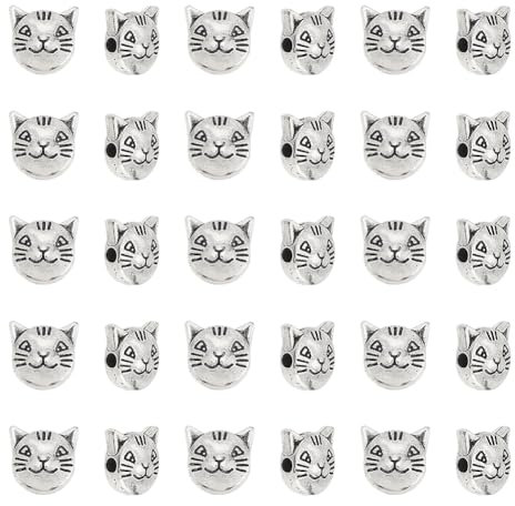 HOBBIESAY - Lote de 30 cuentas en forma de gato de 8 mm con perlas espaciadoras de estilo tibetano, perlas en forma de animales, colgantes de plata antiguas perlas de aleación para la fabricación de