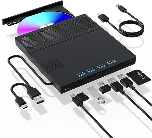 Unità CD/DVD esterna per computer portatile, 7 in 1, lettore CD/DVD, masterizzatore portatile ad alta velocità con lettore di schede SD/TF, 4 porte USB 3.0, compatibile con Windows 11/10, Linux, Mac