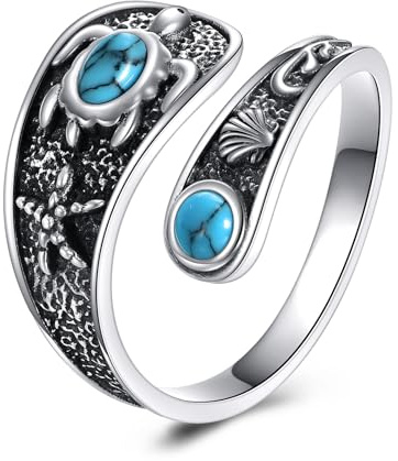 POPLYKE Sea Turtle Ring 925 Sterling Silver Spoon Ring Ocean Ring for Women Turtle Jewelry Turquoise Ring Adjustment 6-8#