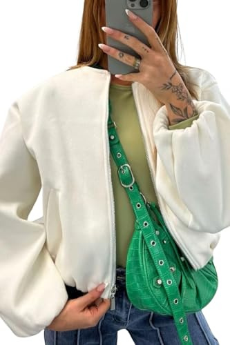 STAR FASHION Womens Viral Zipper Bomber Jacket Balloon Sleeve Ladies Plain Zip Up Jackets Short Coats Warm Winter Wear Outdoor Top