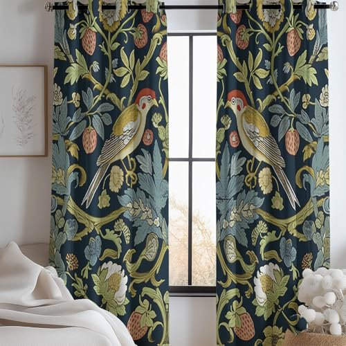 William Morris Blumen Vögel Blickdichte Vorhänge H245 X B100 cm (2Er Pack) Bunt Thermo-Isolierung & Verdunkelnd, Uv-Blocker, Wärmeschutz,Maschinenwaschba, Schall-Dämmung Vorhang
