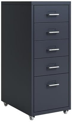 Mobiler Aktenschrank aus Metall mit Rollen, 5 Schubladen, Aktenschrank für Zuhause/Büro, Dunkelgrau, 28 x 40,9 x 69,1 cm
