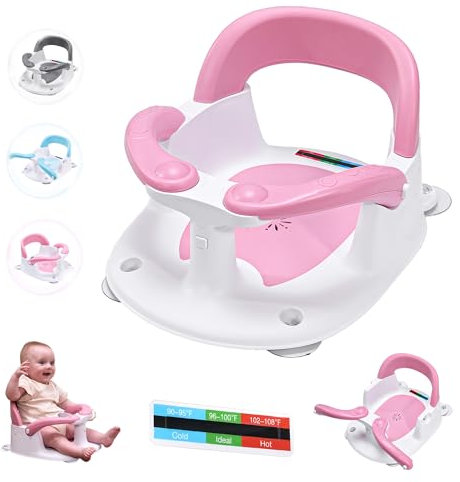babove Baby Bath seat for Babies 6 Months & up with Thermometer Sticker, one-Touch Button for Easy armrest Opening, Baby sit up Bath Chair (Pink)