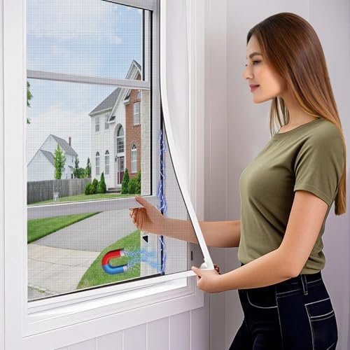 OWYR Adjustable Magnetic Fly Screen Window - DIY Fit Up to 110x120cm, Fiberglass Insect Mesh for Mosquito Net & Bug Screen, Full Frame Magnetic Strip Easy Installation (White Frame White Net)