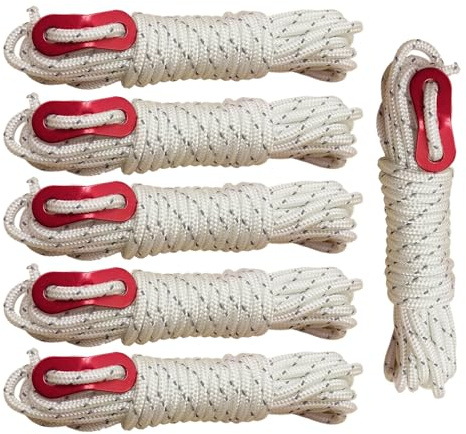 Skyzone 6 Pack Reflective Ropes - 4mm x 4M Camping Guide Ropes with Tensioner, Weatherproof Reflective Cord for Tents, Hammocks, Tarps, Outdoor Survival Gear (White, 4mm)
