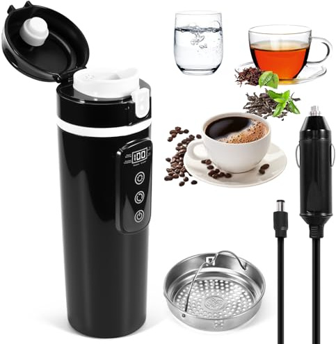 Hangrow Auto Reise Elektrischer Wasserkocher, DC 12V/24V 500ml Auto Heizbecher mit Teesieb, Auto Heizbecher aus Edelstahl mit LCD-Anzeige für Reise Camping