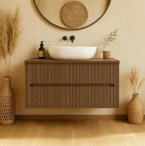 exagonshop Mobile bagno noce chiaro 70x46 cannettati Urbino con ciotola da appoggio quadra in ceramica e due cassetti
