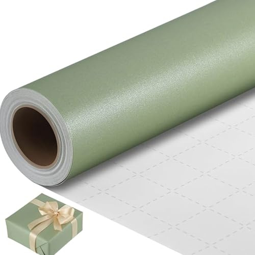 Grün Geschenkpapierrolle - 43 cm x 10 m Grün Einfarbiges Geschenkpapier mit Perlmutt Geschenkpapier glitzer mit 1 Rollen khakifarbenes Band für Geburtstag, Weihnachten, Party, Geschenkdekorationen