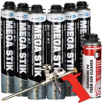Bond It Mega Stik PU Adhesive Foam 750ml, 6 Cans, Gun & Cleaner | Complete PU adhesive foam kit with applicator gun and cleaner for plasterboard and insulation boards.