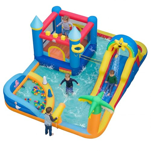 COSTWAY Castillo Hinchable, Parque Infantil con Temática de Playa con Muro de Escalar, Cañón de Agua, Pelotas Oceánicas, Fútbol, Baloncesto, Voleibol, Castillo Inflable al Aire Libre (sin soplador)